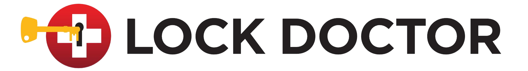 Lock doctor logo. white background with black text that says Lock Doctor that has a red circle with a white plus that is a lock with a gold key entering it.